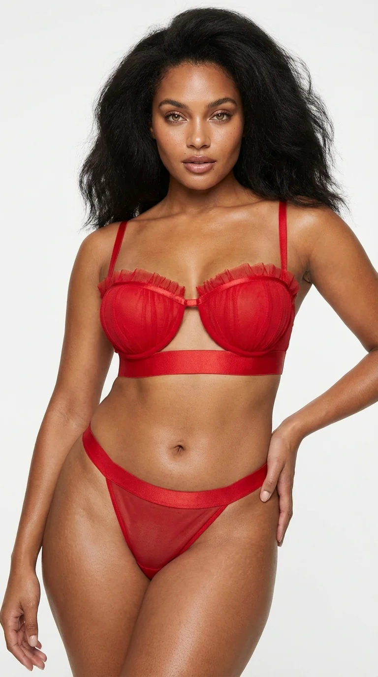 LunaIntim Kırmızı Tül Fırfırlı Sütyen Takımı Saten Detaylı ve Pencereli Modern Set - Ön Görünüm